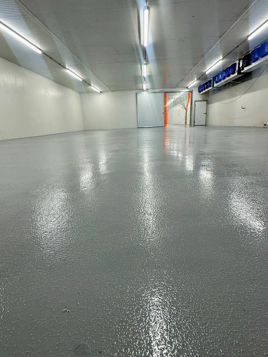 Grey epoxy floor in a commercial berry packaging cold room