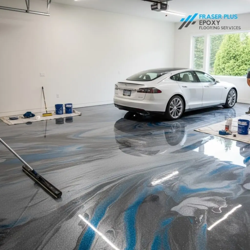 Glossy epoxy garage floor with a parked car