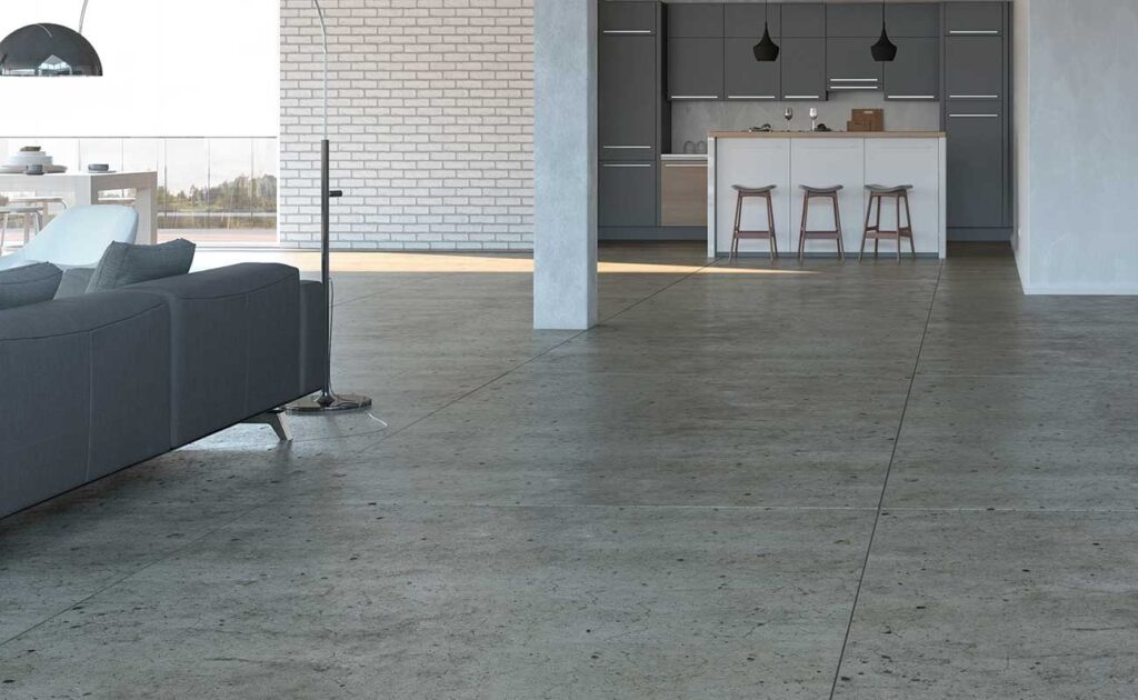 Living room with polished concrete flooring on a rooftop.